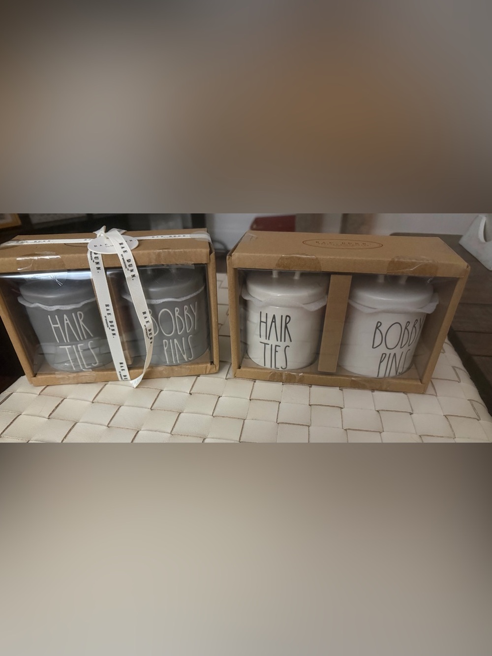 Rae Dunn White and Gray Ceramic 'Hair Ties' & 'Bobby Pins' Set - 2 Jars
